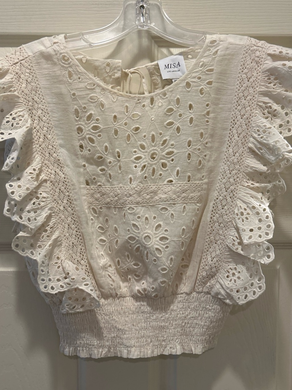 Misa Los Angeles Cream Eyelet Smocked Waist Ruffle Blouse